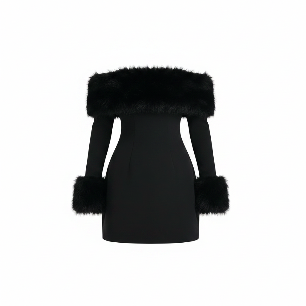 Aurora – Off-Shoulder Mini-Kjole med Kunstpels — Sort / S — Product shot