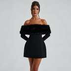 Aurora – Off-Shoulder Mini-Kjole med Kunstpels — Sort / S — Front view