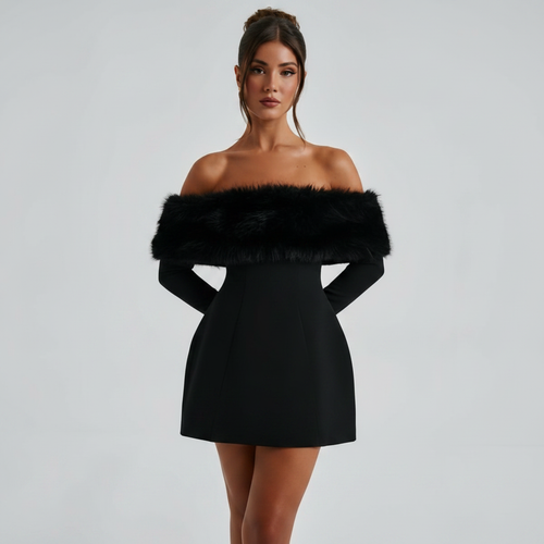 Aurora – Off-Shoulder Mini-Kjole med Kunstpels — Sort / S — Front view