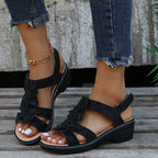 Amelia – Wedge Sandals with Flower Appliqué and Adjustable Straps