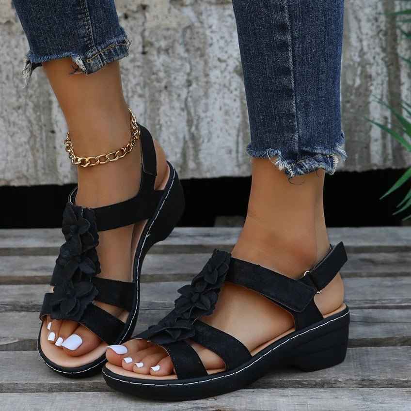 Amelia – Wedge Sandals with Flower Appliqué and Adjustable Straps