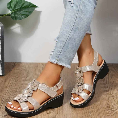 Amelia – Wedge Sandals with Flower Appliqué and Adjustable Straps