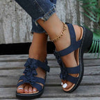 Amelia – Wedge Sandals with Flower Appliqué and Adjustable Straps