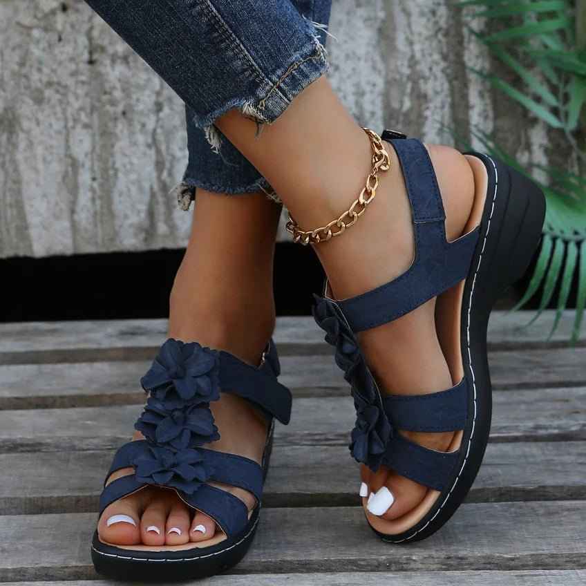 Amelia – Wedge Sandals with Flower Appliqué and Adjustable Straps