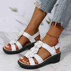 Amelia – Wedge Sandals with Flower Appliqué and Adjustable Straps