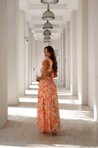 Amira – Backless Maxi Dress with Floral Pattern, Ruffles and Cut-Outs