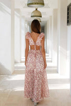 Amira – Backless Maxi Dress with Floral Pattern, Ruffles and Cut-Outs
