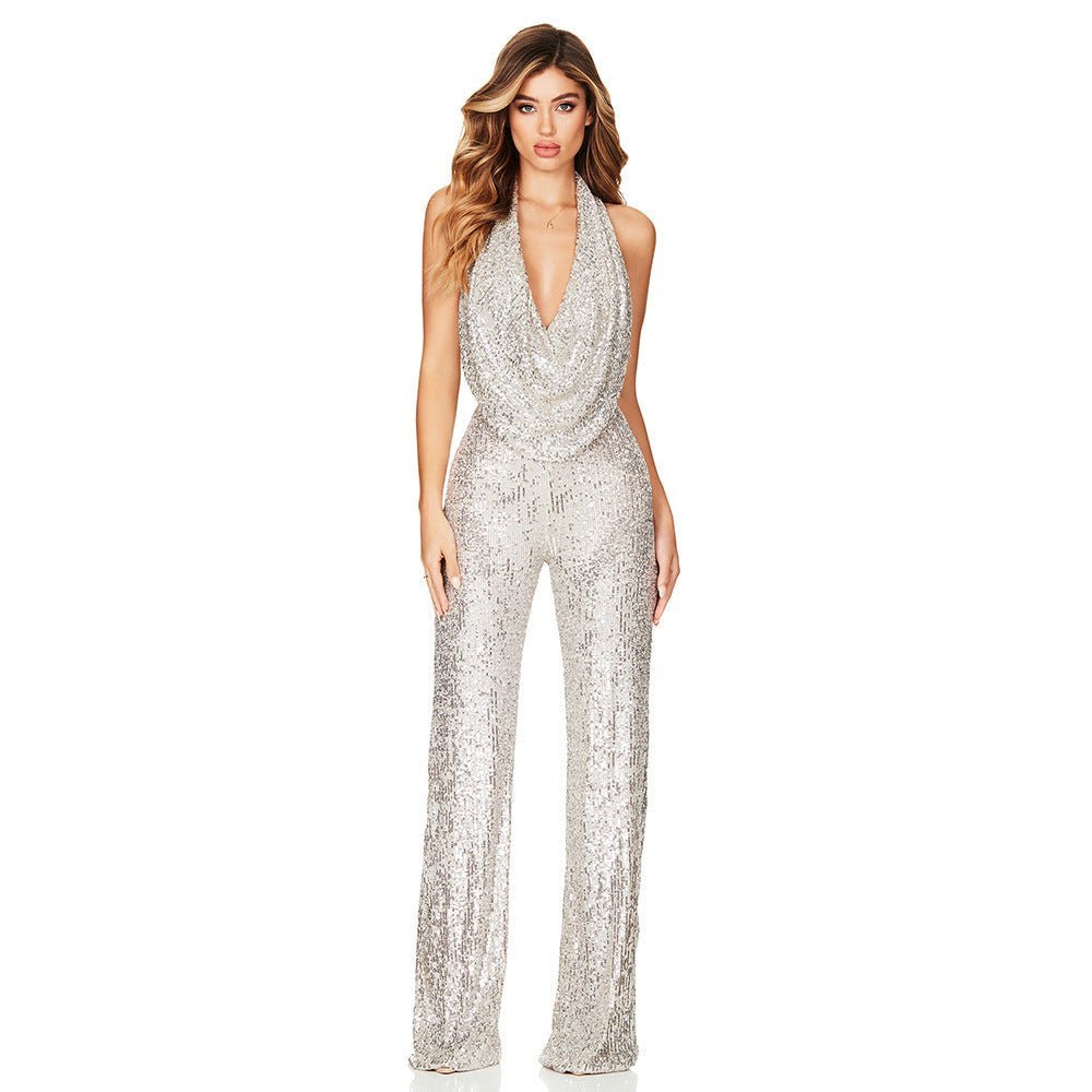 Cassia – Sequin Jumpsuit with Halter Neck and Open Back