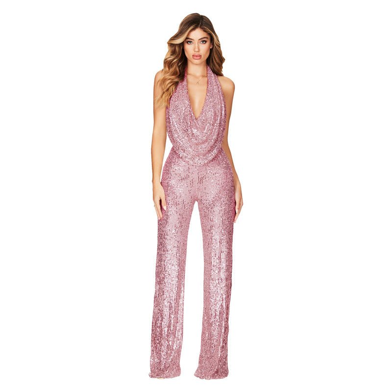 Cassia – Sequin Jumpsuit with Halter Neck and Open Back