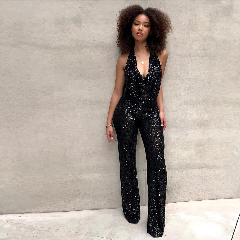 Cassia – Sequin Jumpsuit with Halter Neck and Open Back