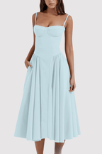 Clara – Midi dress with corset top, spaghetti straps, and flared skirt