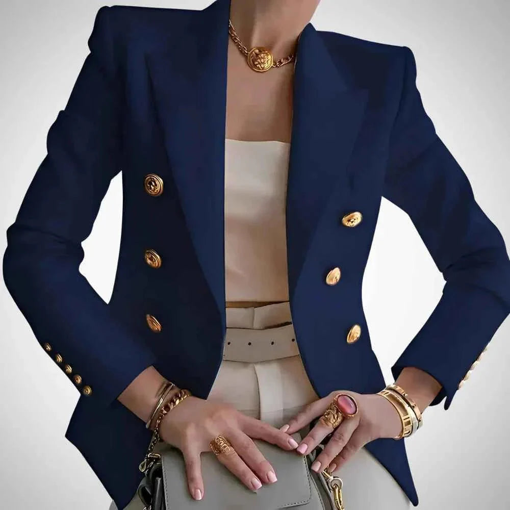 Double-breasted women's blazer with gold buttons