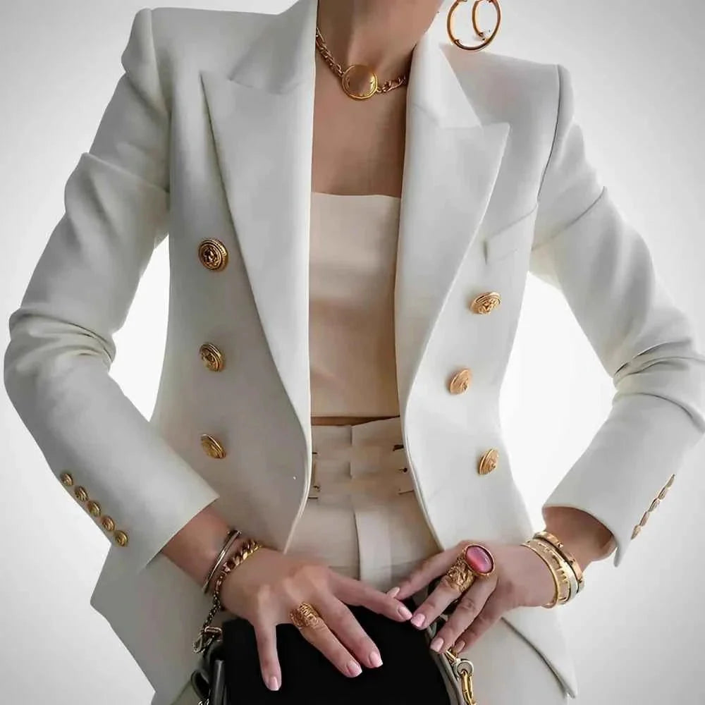 Double-breasted women's blazer with gold buttons