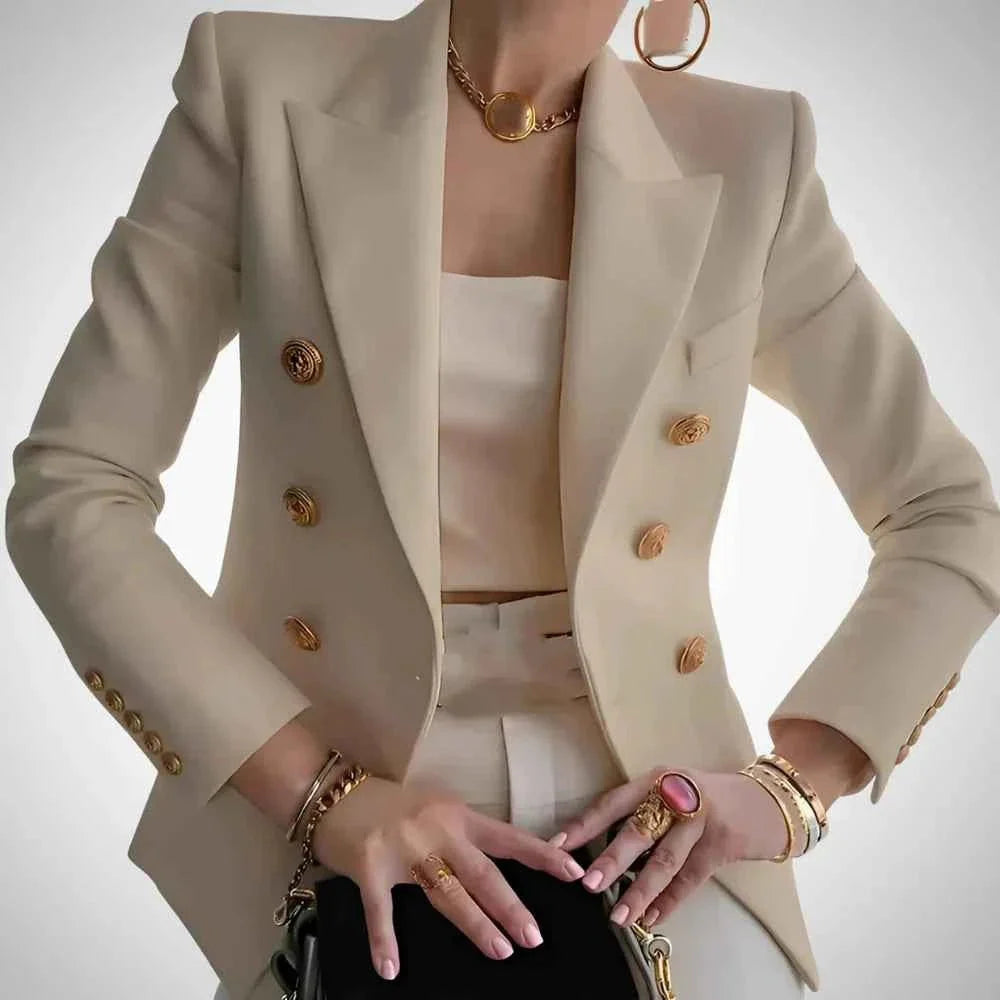 Double-breasted women's blazer with gold buttons