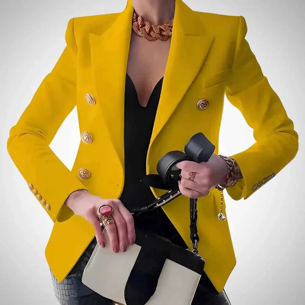 Double-breasted women's blazer with gold buttons