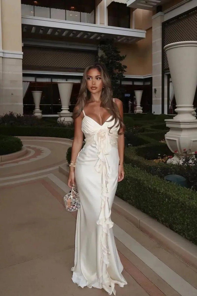 Elena – Maxi Dress in Ivory with Ruffles & Rose Detail