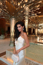 Elena – Maxi Dress in Ivory with Ruffles & Rose Detail