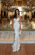 Elena – Maxi Dress in Ivory with Ruffles & Rose Detail
