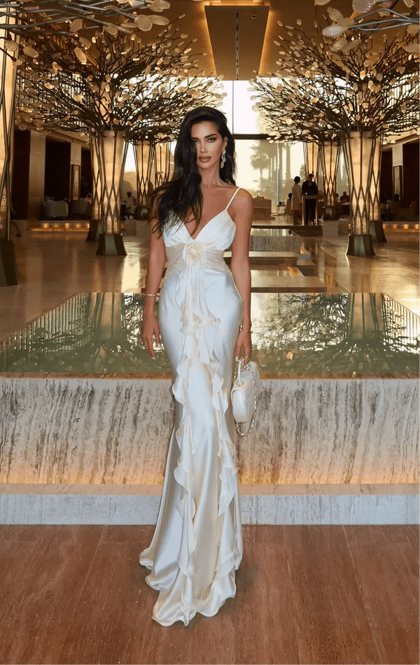 Elena – Maxi Dress in Ivory with Ruffles & Rose Detail