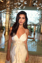 Elena – Maxi Dress in Ivory with Ruffles & Rose Detail