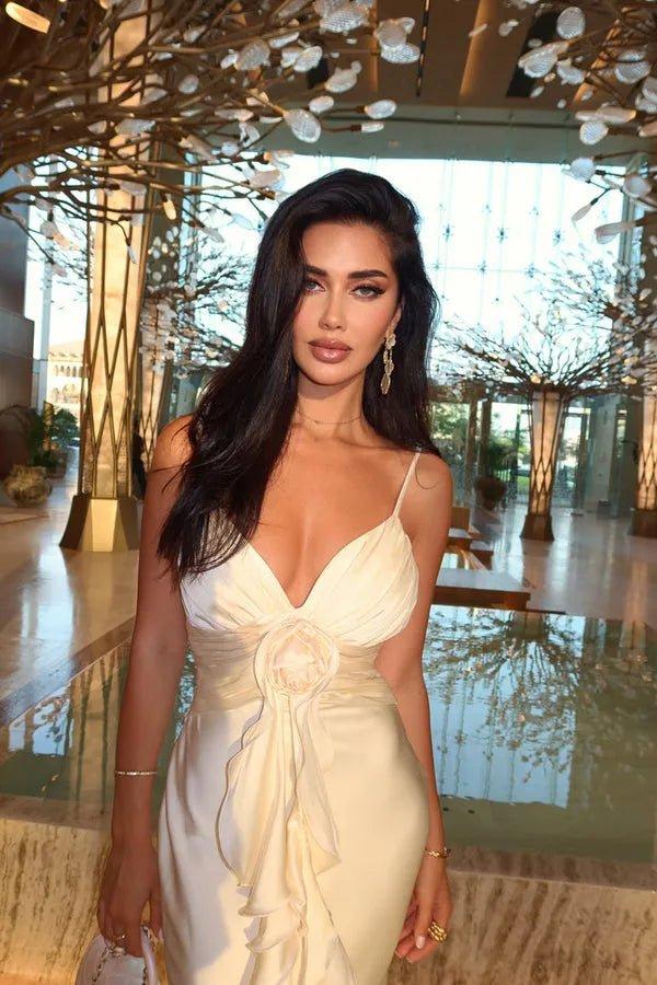 Elena – Maxi Dress in Ivory with Ruffles & Rose Detail