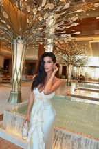 Elena – Maxi Dress in Ivory with Ruffles & Rose Detail