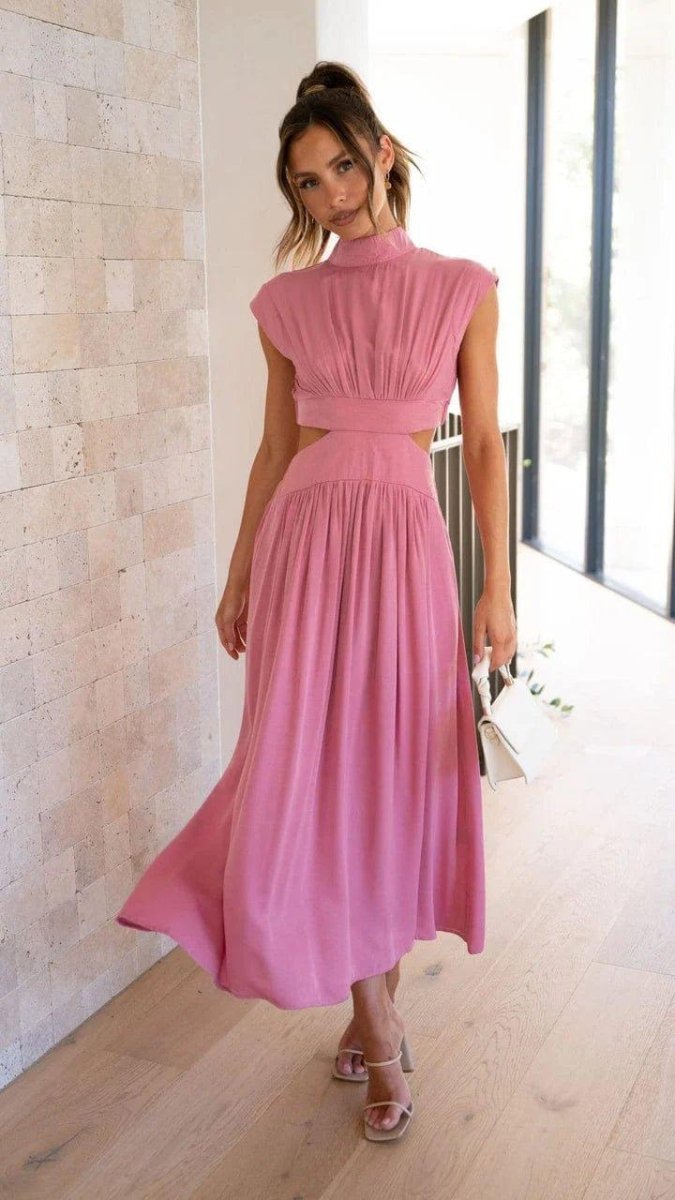 Elina – Midi Dress with Cut-Outs, Stand Collar and Elegant Waist Shaping