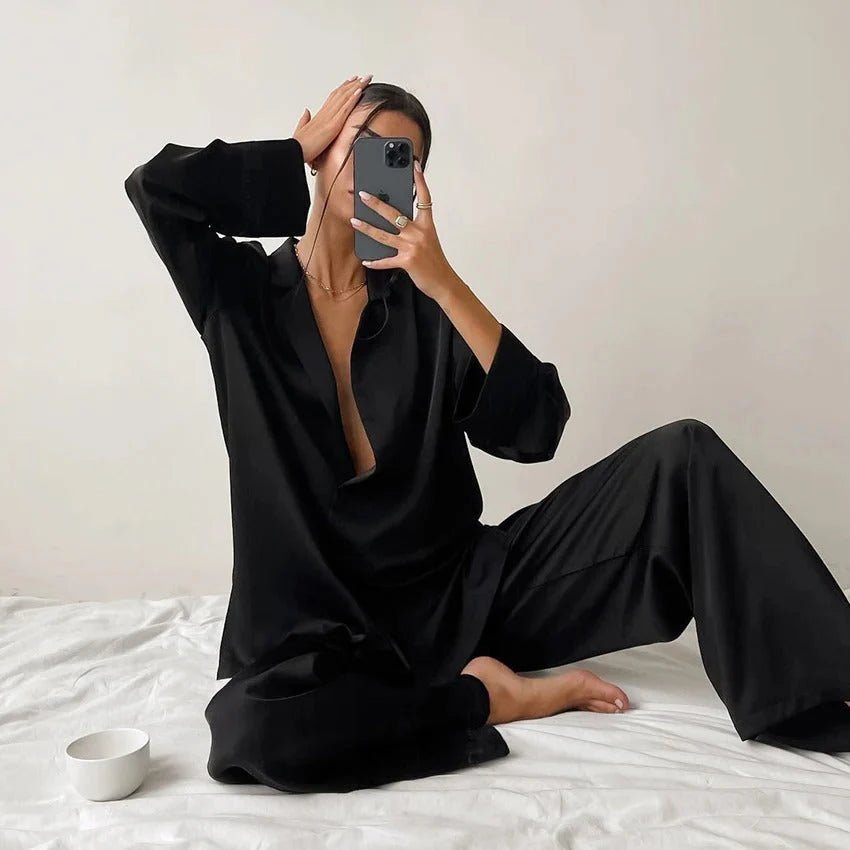 Elisa – Two-Piece Loungewear Set with Shirt Blouse and Wide Pants