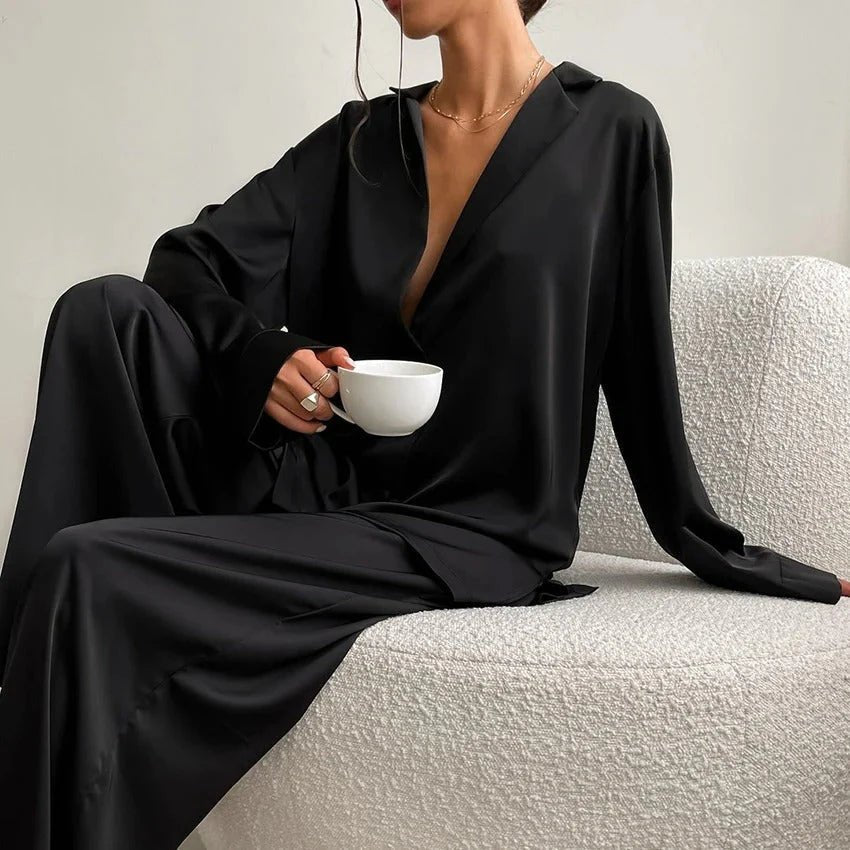 Elisa – Two-Piece Loungewear Set with Shirt Blouse and Wide Pants