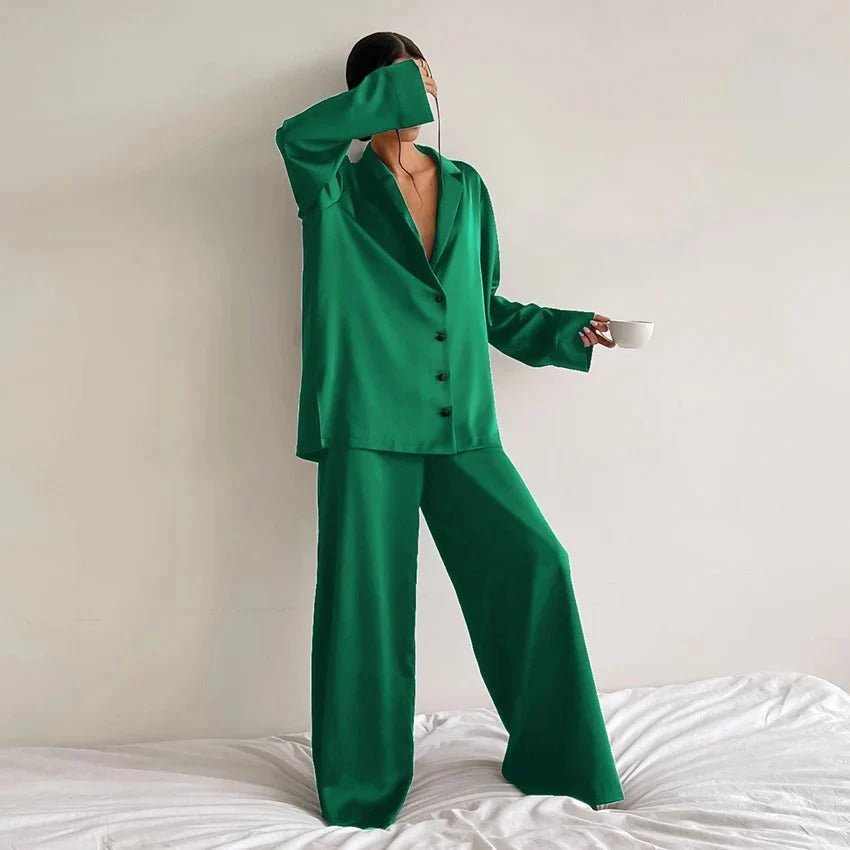 Elisa – Two-Piece Loungewear Set with Shirt Blouse and Wide Pants