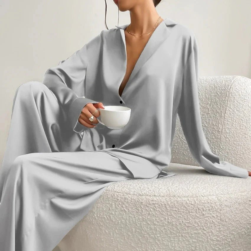 Elisa – Two-Piece Loungewear Set with Shirt Blouse and Wide Pants