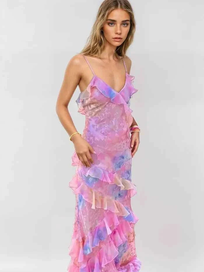 Ruched Mesh Maxi Dress