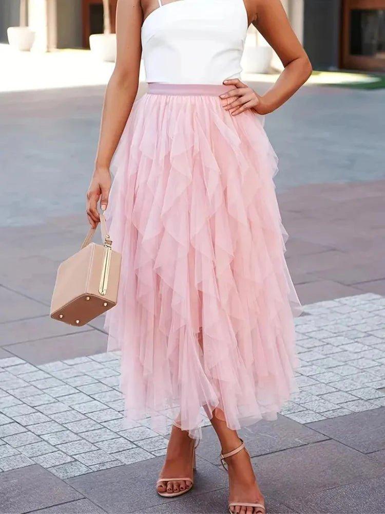 Isabella – Layered Tulle Midi Skirt with Elastic Waistband