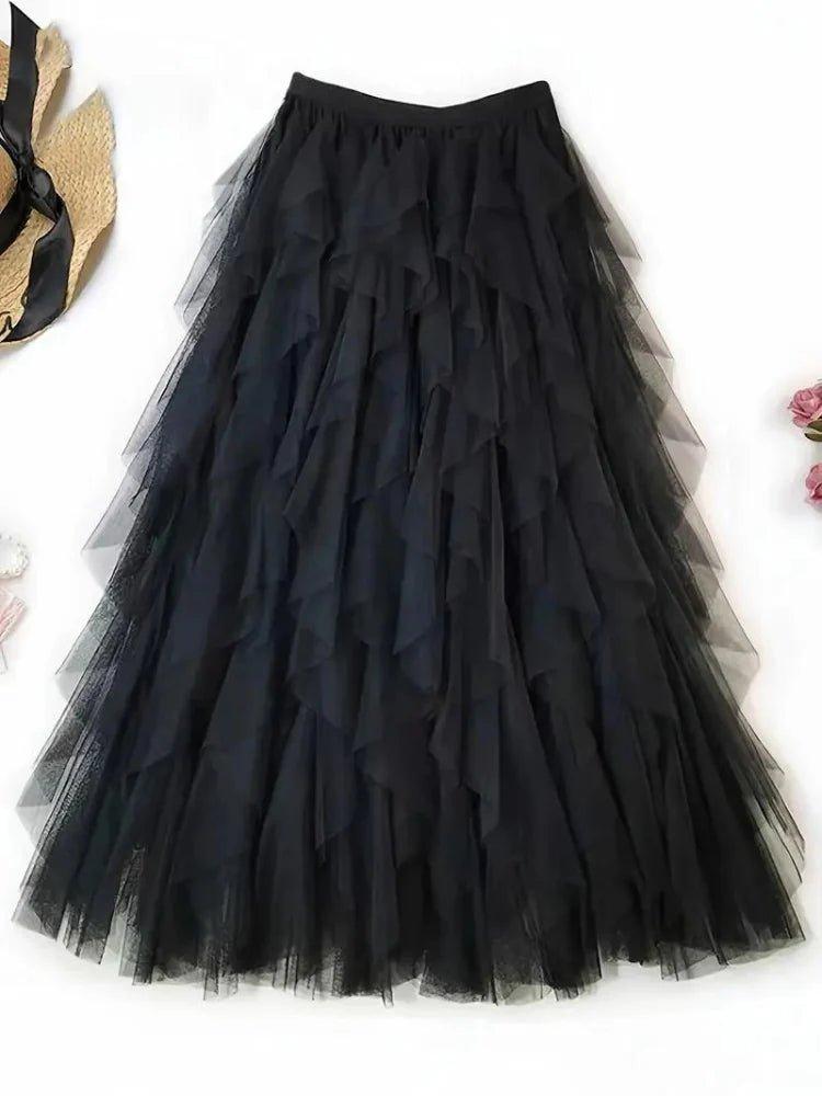 Isabella – Layered Tulle Midi Skirt with Elastic Waistband