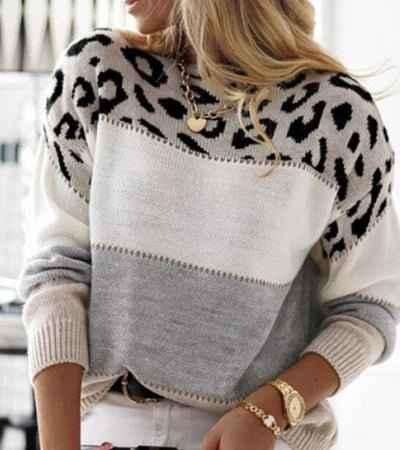 Leona – Women's Sweater with Leopard Print & Colorblock