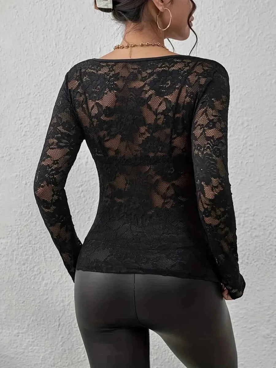 Lina – sheer long-sleeve lace top with sweetheart neckline
