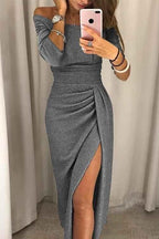 Liv – Elegant off-shoulder midi dress with slit, glitter fabric, and draped waist