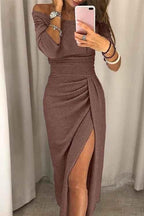 Liv – Elegant off-shoulder midi dress with slit, glitter fabric, and draped waist