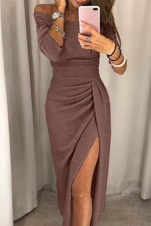 Liv – Elegant off-shoulder midi dress with slit, glitter fabric, and draped waist
