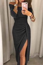 Liv – Elegant off-shoulder midi dress with slit, glitter fabric, and draped waist
