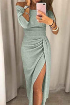 Liv – Elegant off-shoulder midi dress with slit, glitter fabric, and draped waist