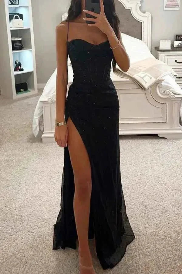 melina – glittering evening dress with corset & leg slit