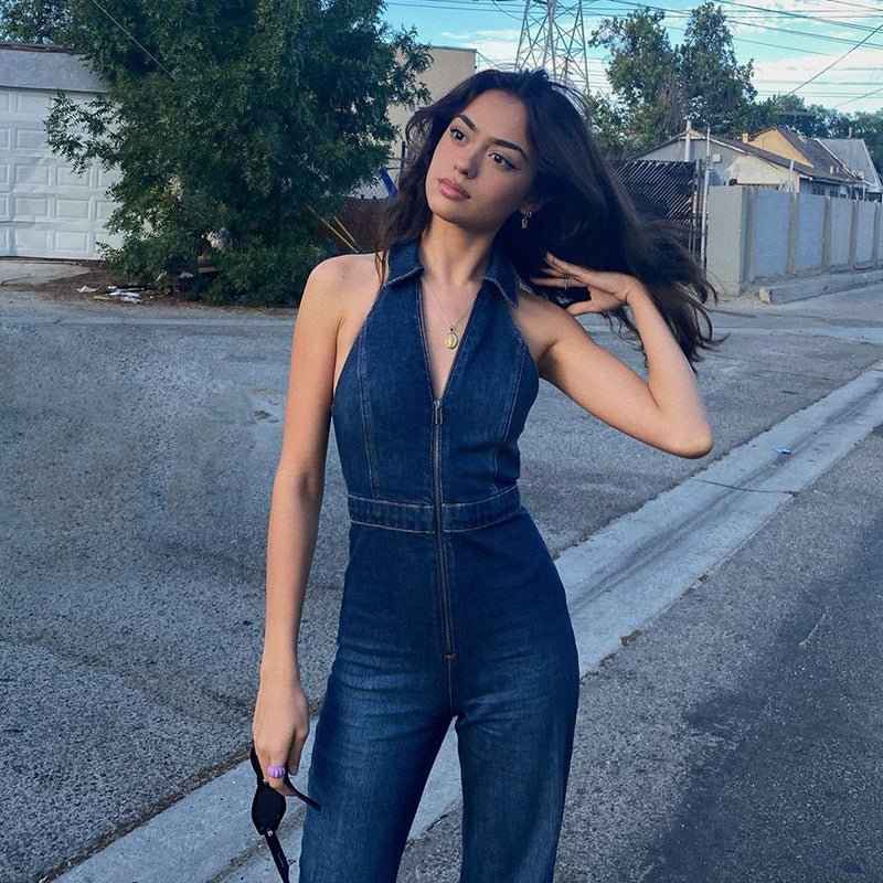Nina – Denim jumpsuit with halter neck and zipper in dark wash