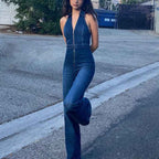 Nina – Denim jumpsuit with halter neck and zipper in dark wash