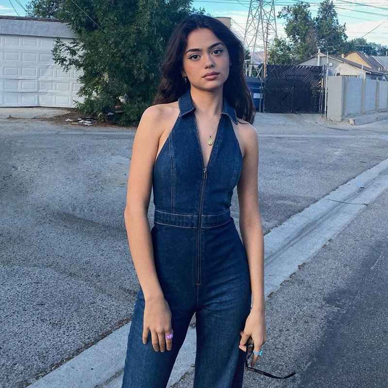 Nina – Denim jumpsuit with halter neck and zipper in dark wash