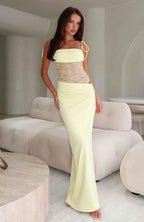 Sina – figure-hugging maxi dress with lace-up straps and sheer lace corset