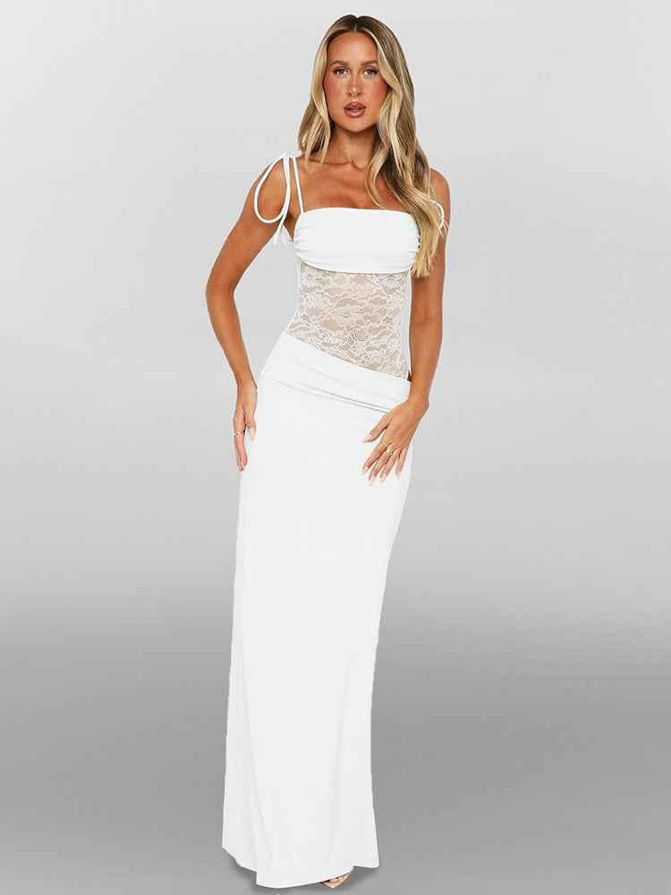 Sina – figure-hugging maxi dress with lace-up straps and sheer lace corset