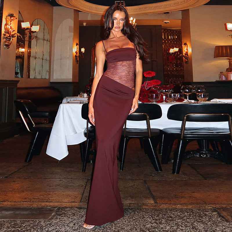Sina – figure-hugging maxi dress with lace-up straps and sheer lace corset