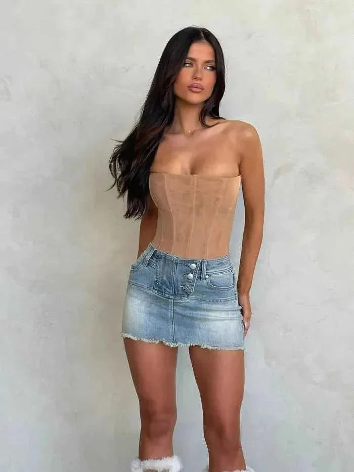 sofia – fitted suede corset top with sweetheart neckline