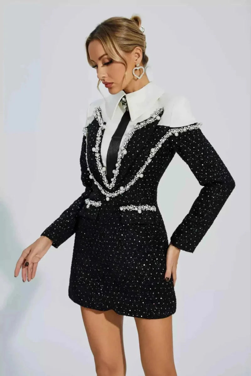 Vivienne – tailored boucle mini dress with pearl embellishments and blazer-style collar